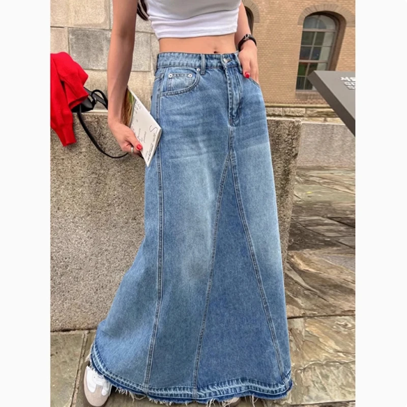 

Новые корейские шикарные женские юбки, осенне-зимние ретро-юбки в стиле пэчворк с высокой талией и бахромой, джинсовая юбка трапециевидной формы, длинное платье для женщин