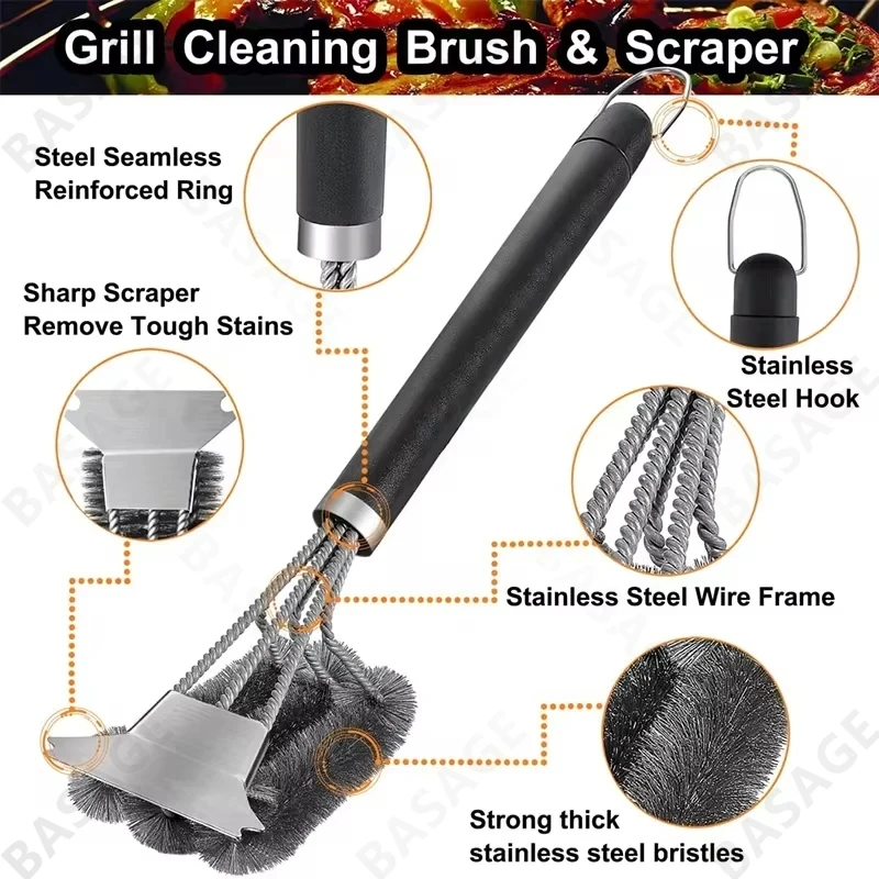 3 in 1 Barbecue Brush with Stainless Steel Wire Bristles for Charcoal and Electric Grill Outdoor , Camping - BBQ Cleaning Brush - Image 6
