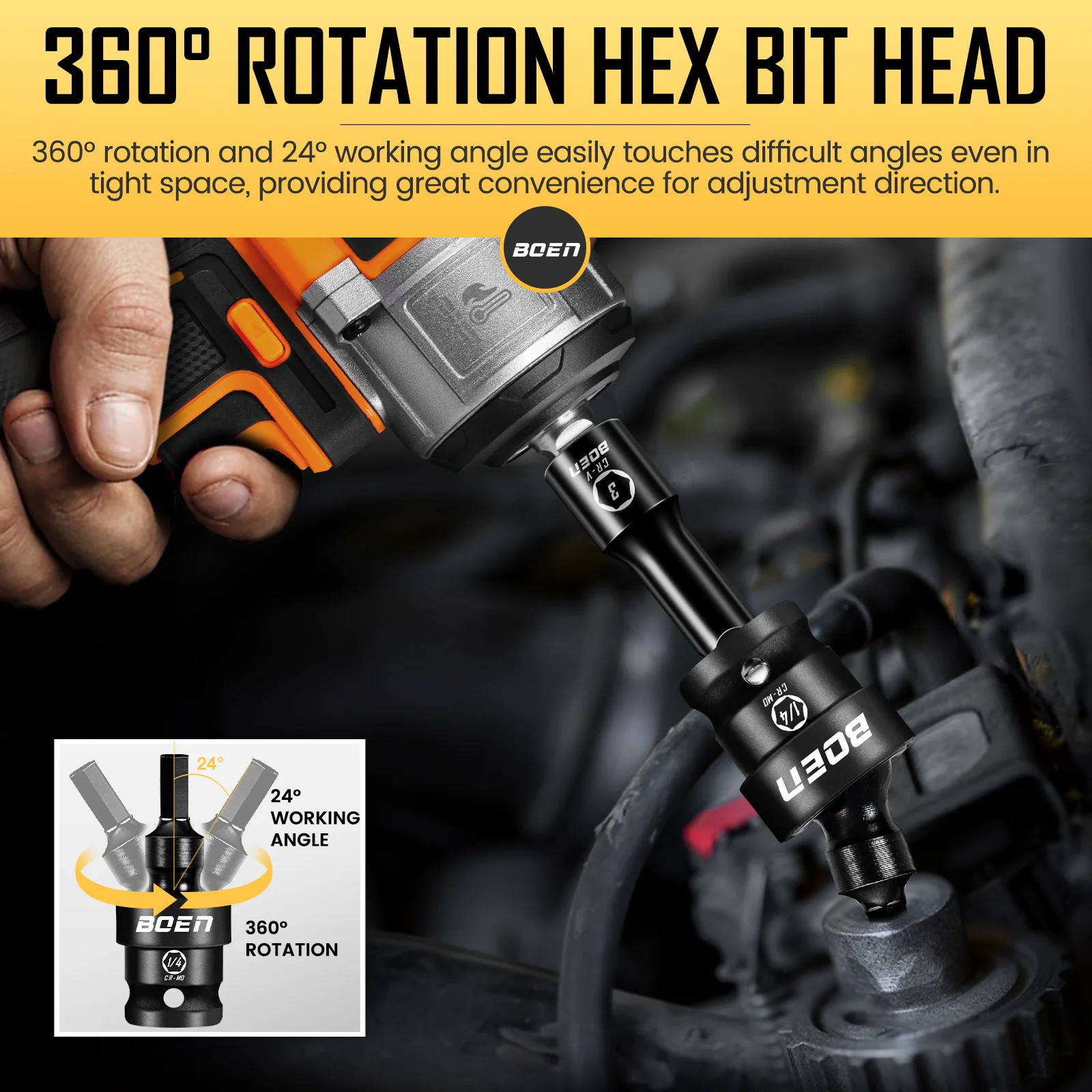 Boen 3/8 "محرك 7 قطع SAE Impact Swivel Allen Bit Socket Set، 360 °   سائق Wobble Hex، حاجز تخزين، فولاذ CR-MO