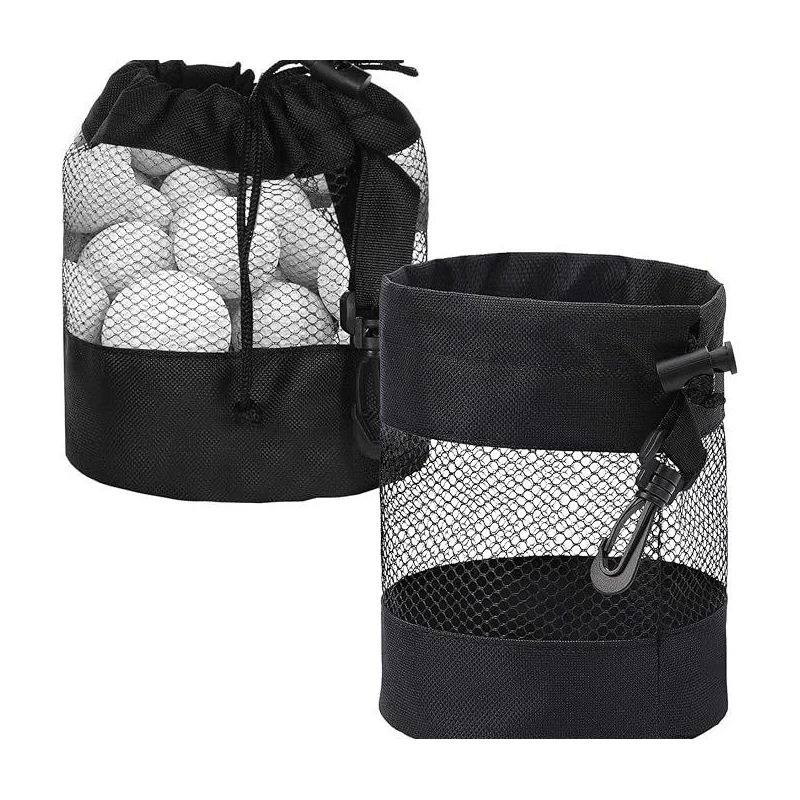 Black Polyester Drawstring Golf Bag,Closure-Mesh Pocket Golf Ball Storage Bag with Drawstring