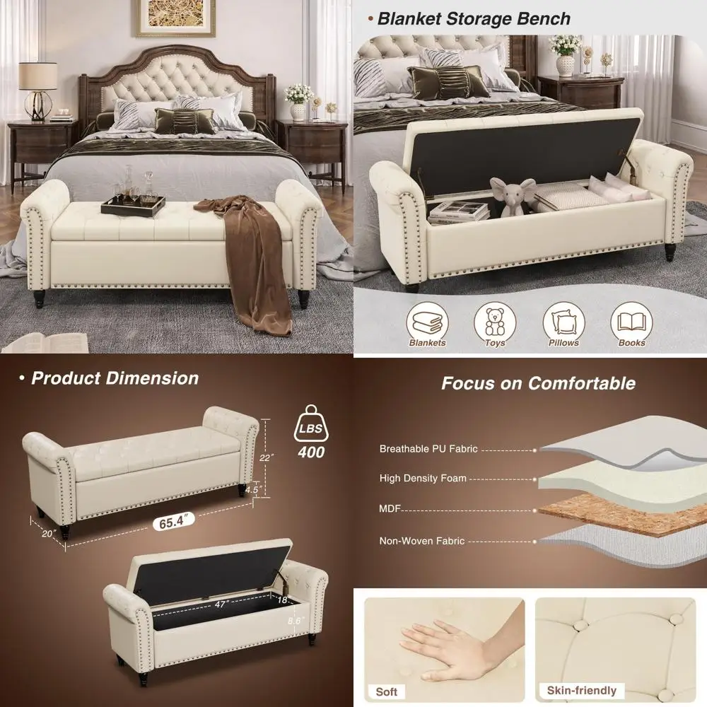 Faux Leather Storage Bench with Tufted Button Design for Bedroom, 65 Inch End of Bed Seat, Foot of Bed Bench with Window View