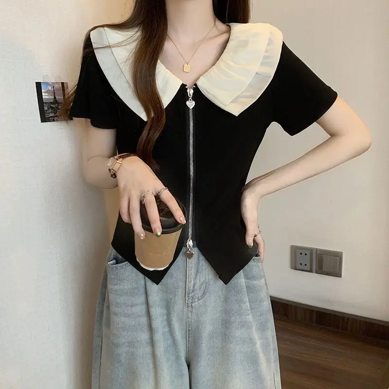 

Elegant Gauze Patchwork Pullovers Summer Zipper Stylish Irregular Slim V-Neck Female Clothing Solid Color Short Sleeve T-shirt