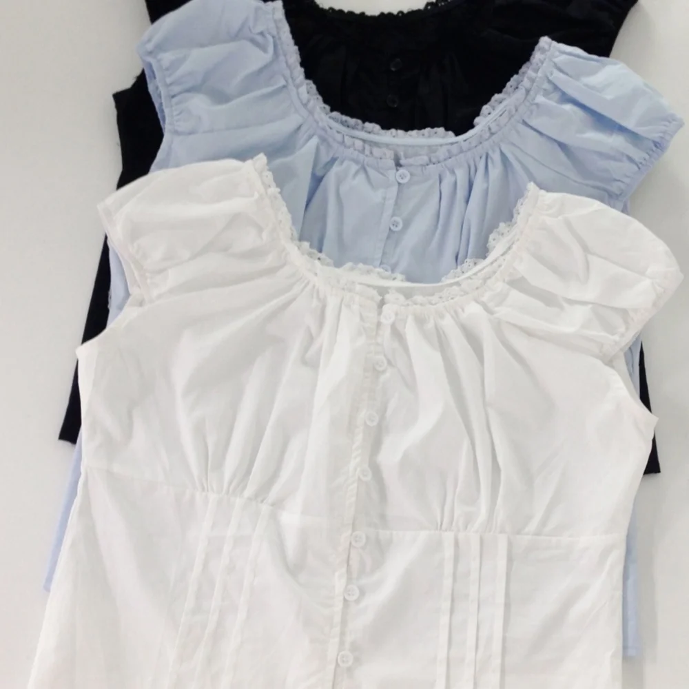 Coréen Sle Sweet Lace Single Button Femmes irt Polyvalent Summer Faion de Dongdaemun ort Sve rond Ne o...