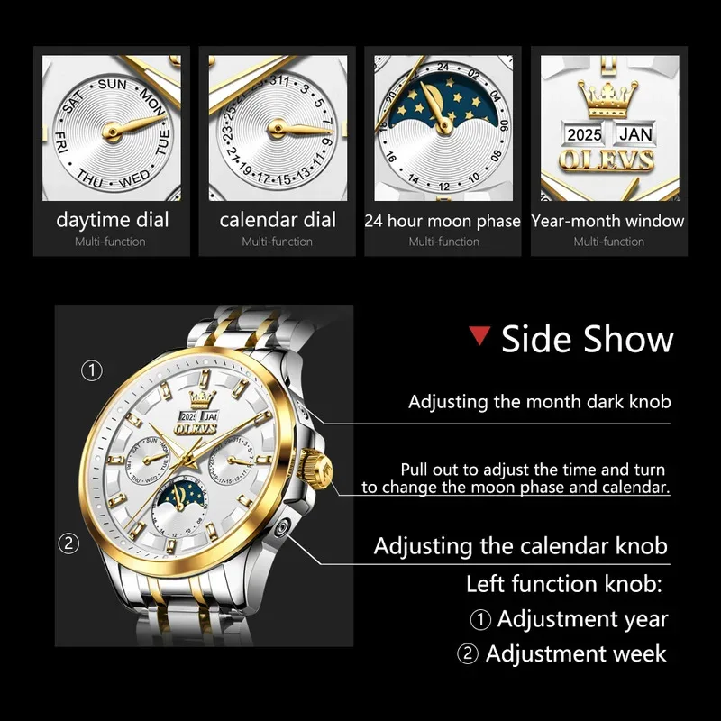 OLEVS 7070 Luxury Men All Automatic Mechanical Watch Multi functional Waterproof Moonphase Watch Men Sports Watch