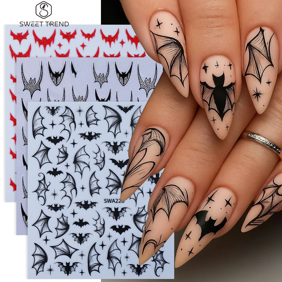 3pcs Gothic Style Bat Nail Stickers Red Black Bat Wings Stars French Design Nail Decals DIY Halloween Manicure Decoration Slider