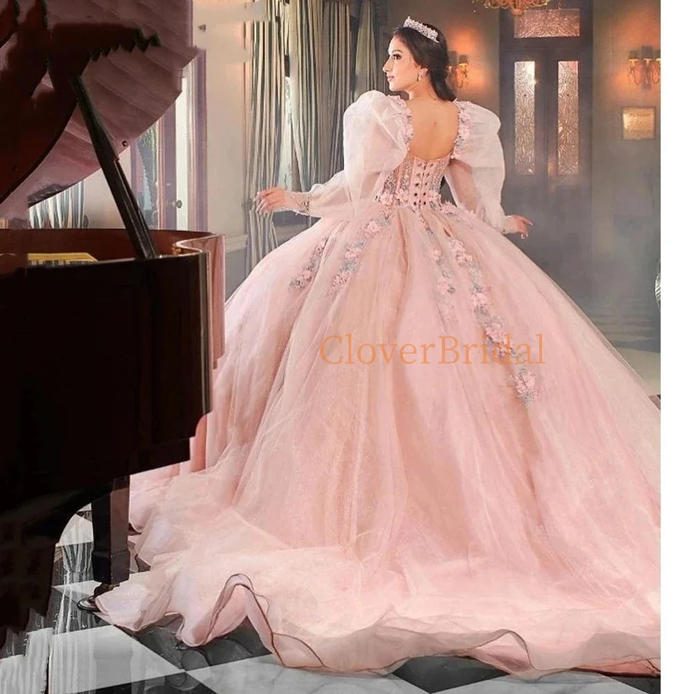 CloverBridal Organza Floral Zircon Drill Bone Bodice Ball Gown Sweet 16 Dress Corest Back Removable 3/4 Lantern Sleeves WQ9708