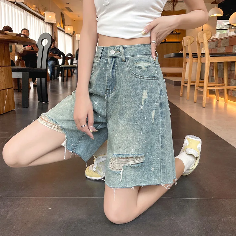 Women Rhinestone Distressed Denim Shorts High Waist Raw Frayed Hem Ripped Wide Leg Jean Shorts  Streetwear
