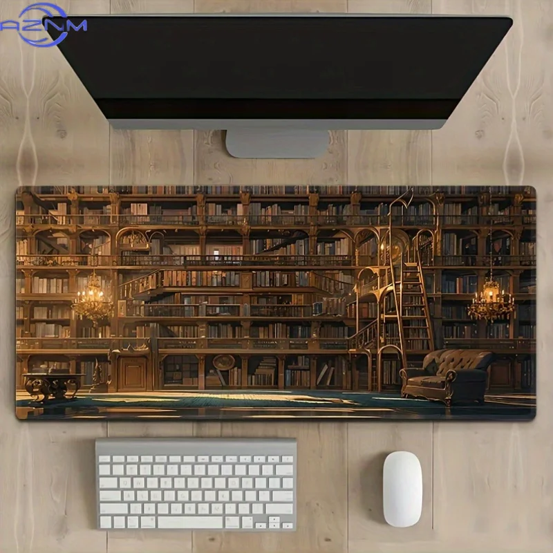 Library-Themed Non-Slip Rubber Mouse Pad with Stitched Edges, Oblong Large Desk Mat, Ultra Smooth Surface for Enhanced Gaming, O
