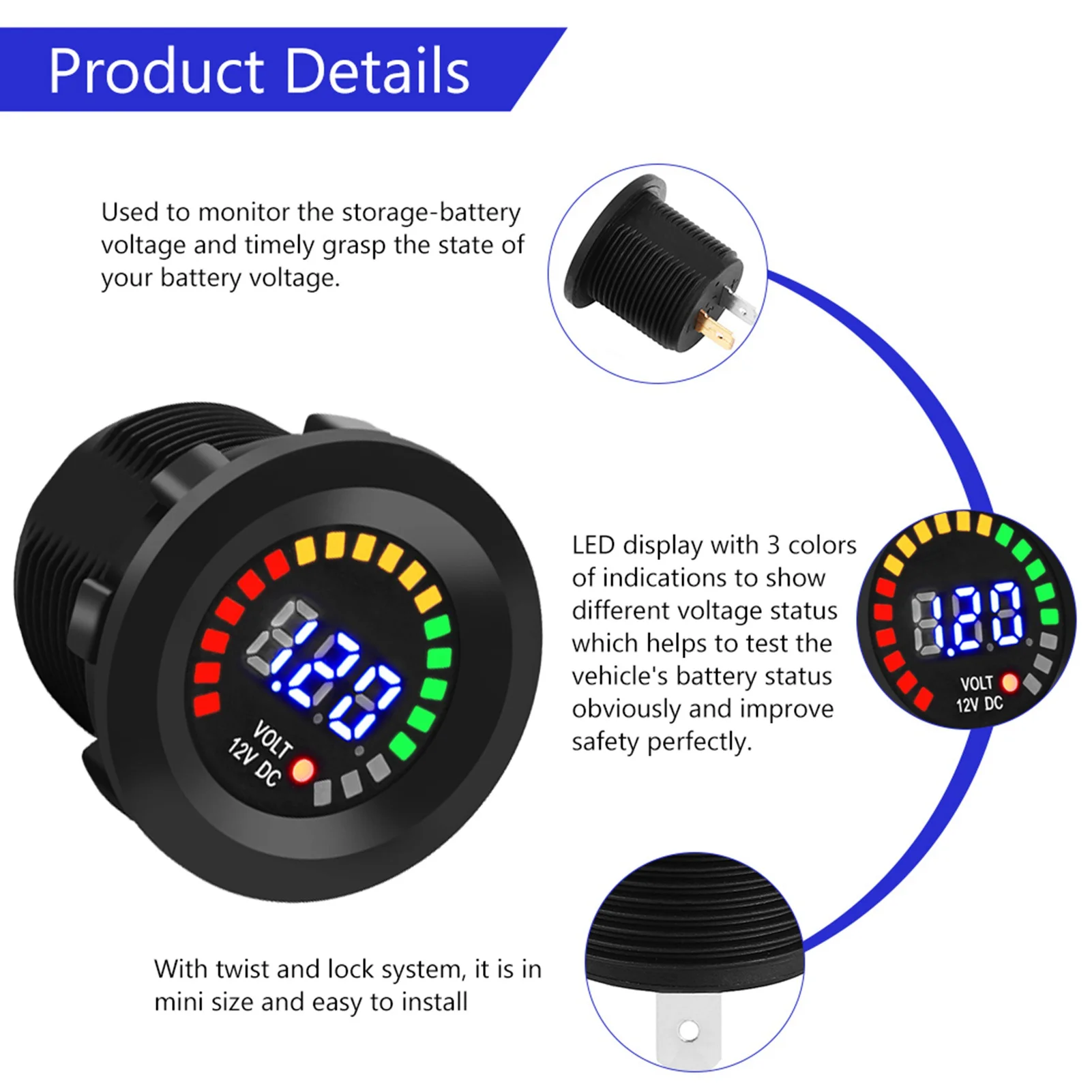 12V Motorcycle LED Color Screen Voltmeter, Real-time Voltage Monitoring, Ensure Your Ride with Stable Power Supply