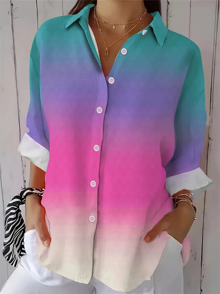 

Женская рубашка с радужным градиентным принтом, повседневная дышащая рубашка с лацканами и пуговицами, большие размеры, летняя блузка с длинными рукавами, женская куртка