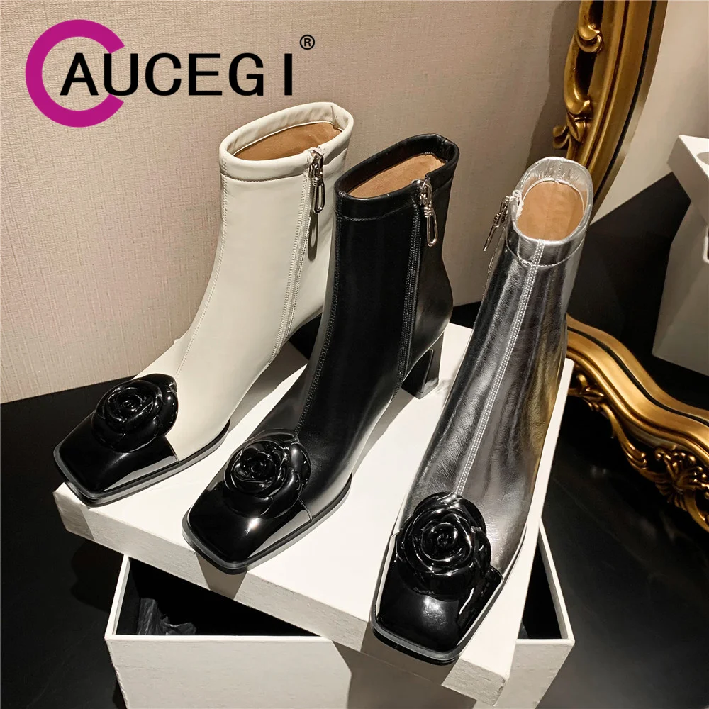 Aucegi 2024 New Spring Genuine Leather Women Square Toe Ankle Boots Fashion Women Concise Chunky Heels Autumn Dress Shoes