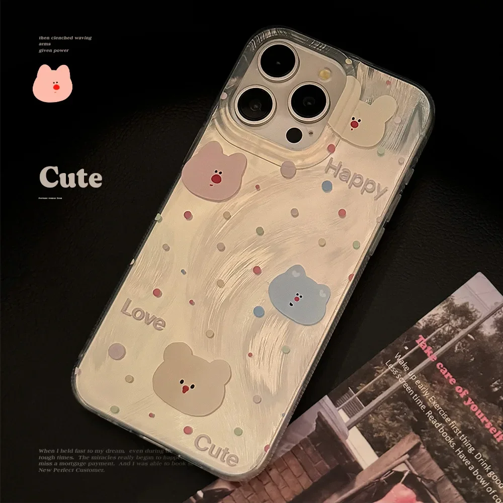 Cartoon Colored Polka Dot Teddy Bear Phone Case for IPhone16 15 14 12 13 11 Pro ProMax Plus X XR Shockproof Phone Cover