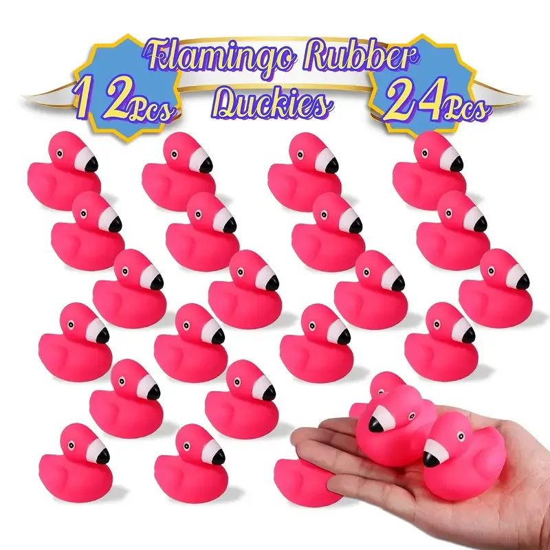 12/24pcs Flamingo Rubber Duckies Pink Flamingos Bath Toy Cartoon Floating Squeak Toy Seasonal Holiday Rubber Duck For Shower Toy