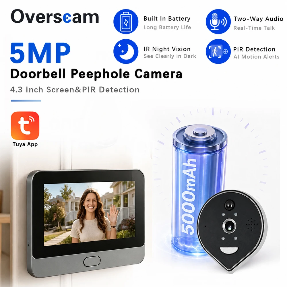 Digital Peephole Door Camera 5MP WiFi Video Door Viewer 4.3 Inch Display Built In Battery PIR Motion Alerts Tuya Audio Intercom