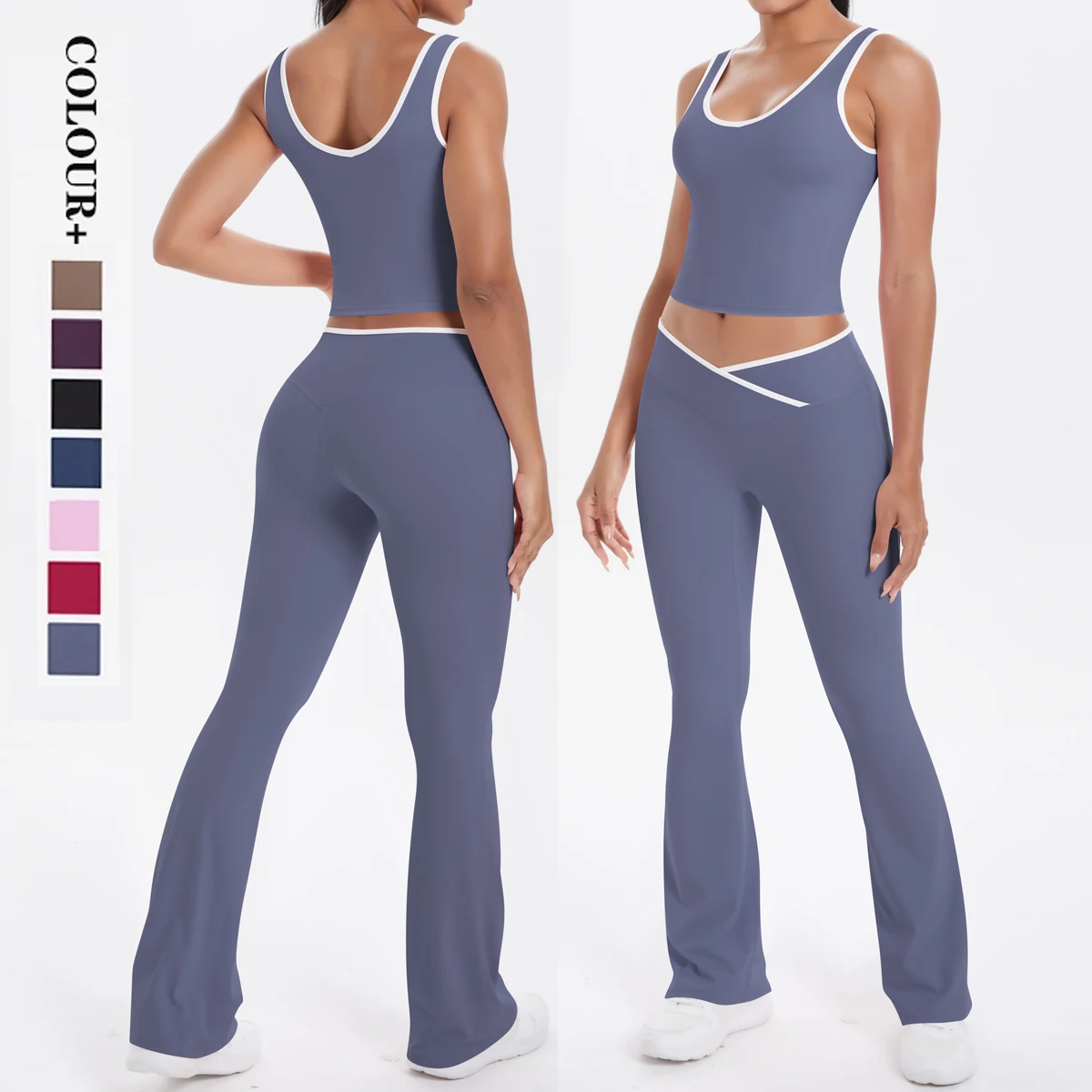 Autumn Women's Yoga Set U-neck Vest High Waist Cross Wide Leg Pants Set Tight Fitting Seamless Elastic Sportswear