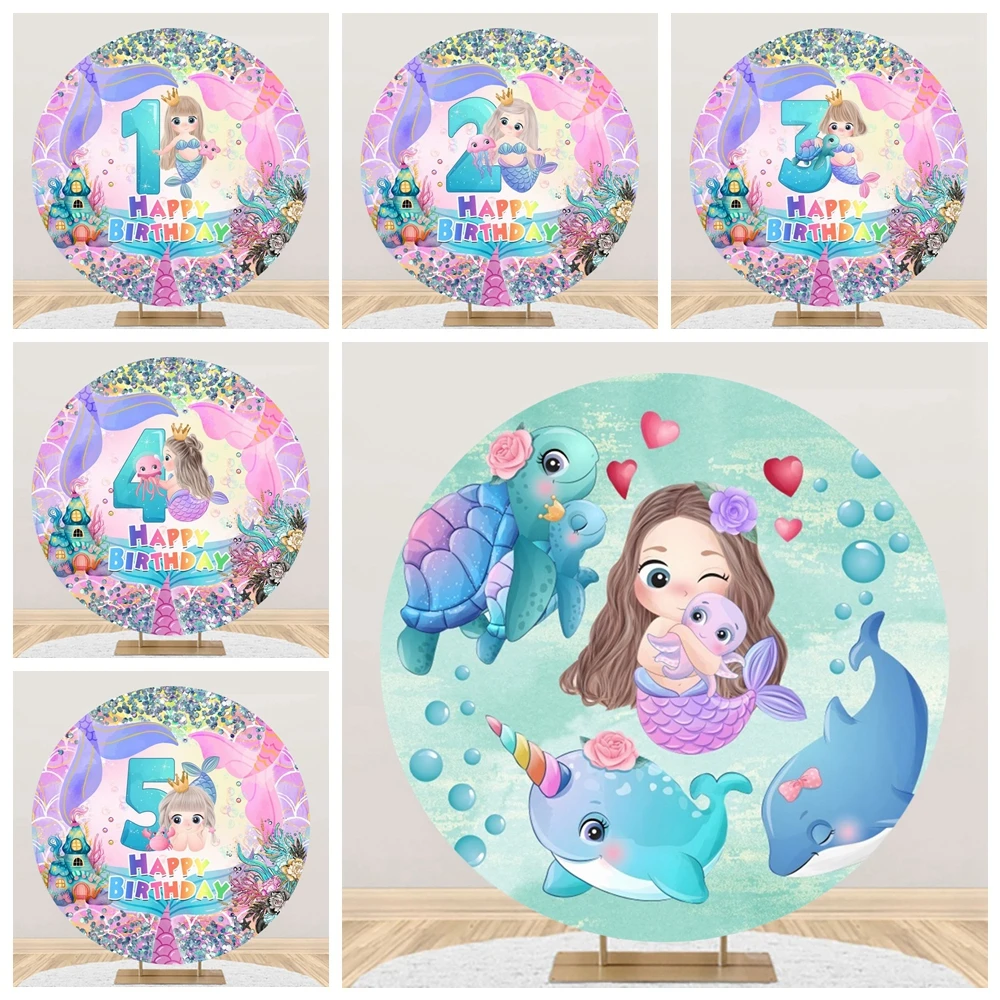 

Cartoon Mermaid Round Backdrop Cover Baby Shower Princess Girl Birthday Party Custom Photography Background Photo Studio Props