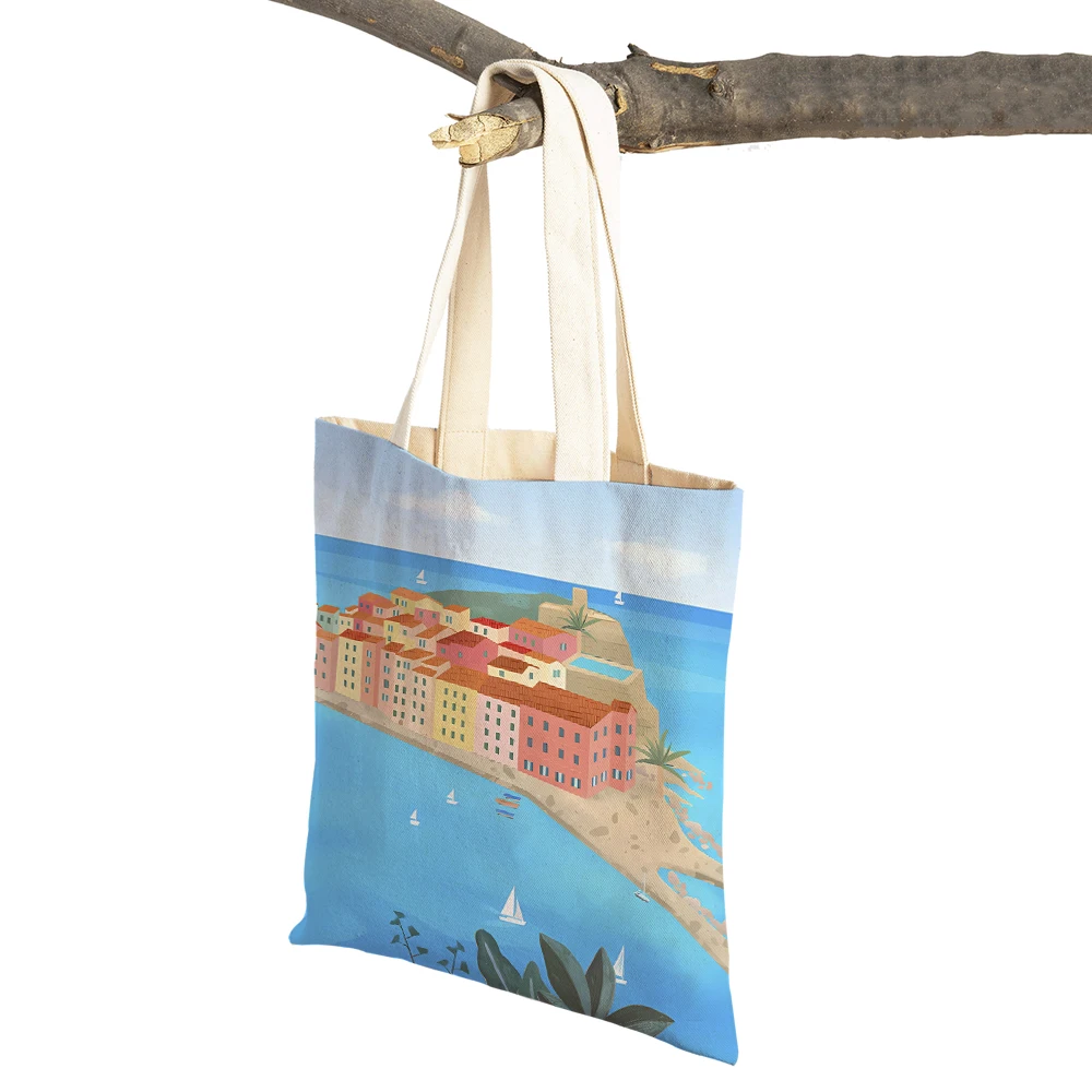 Reusable Casual Canvas Women Shopping Bags Double Print Aegean Paris Venice Coconut Tree Morocco Shopper Bag Tote Lady Handbag