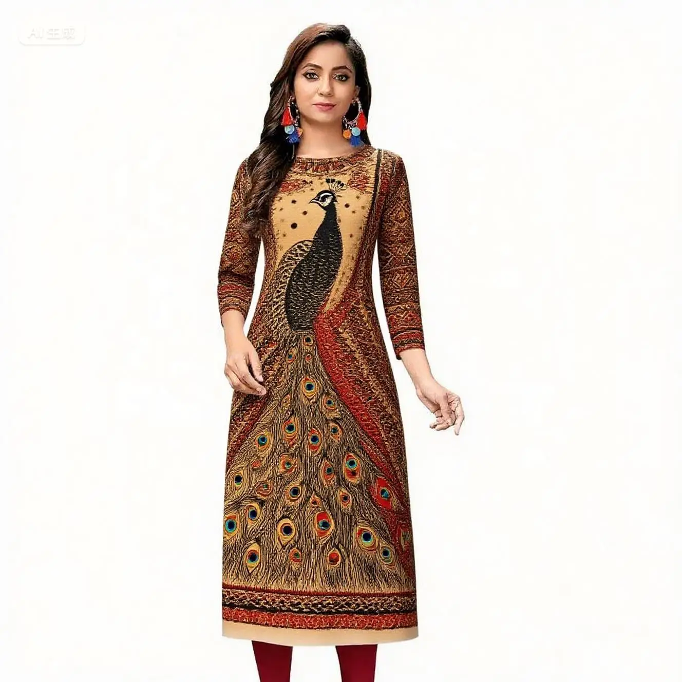 

Мусульманское платье Kurtta, женское модное элегантное прямое платье в национальном стиле, повседневное, с разрезом подол, красочный узор слона и павлина