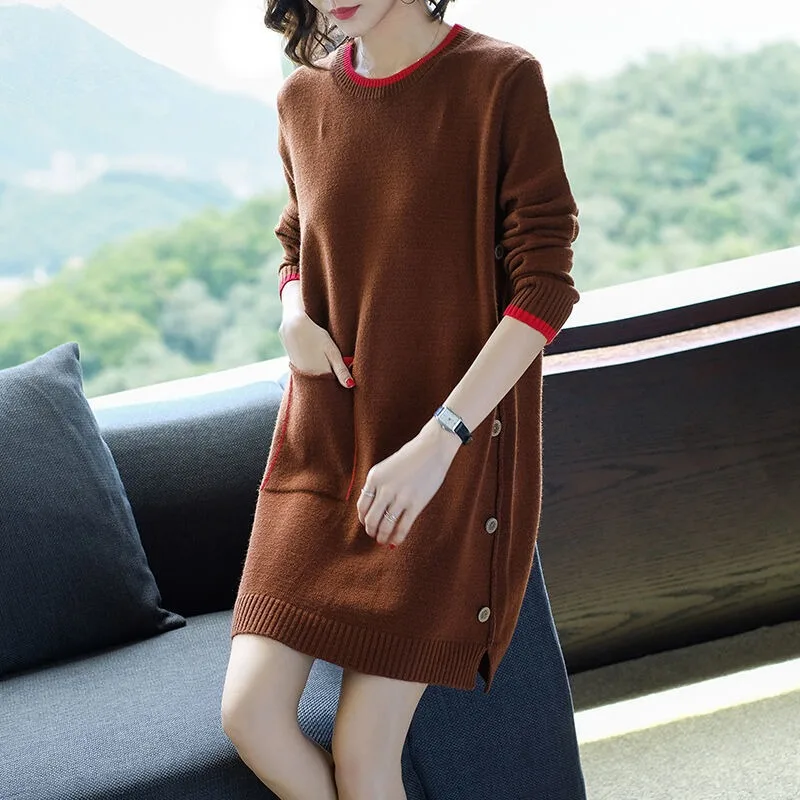 Women 2023 Autumn/Winter New Sweater Mid Length Solid Color Loose Sweater Dress Korean Pullover Knit Underlay Round Collar