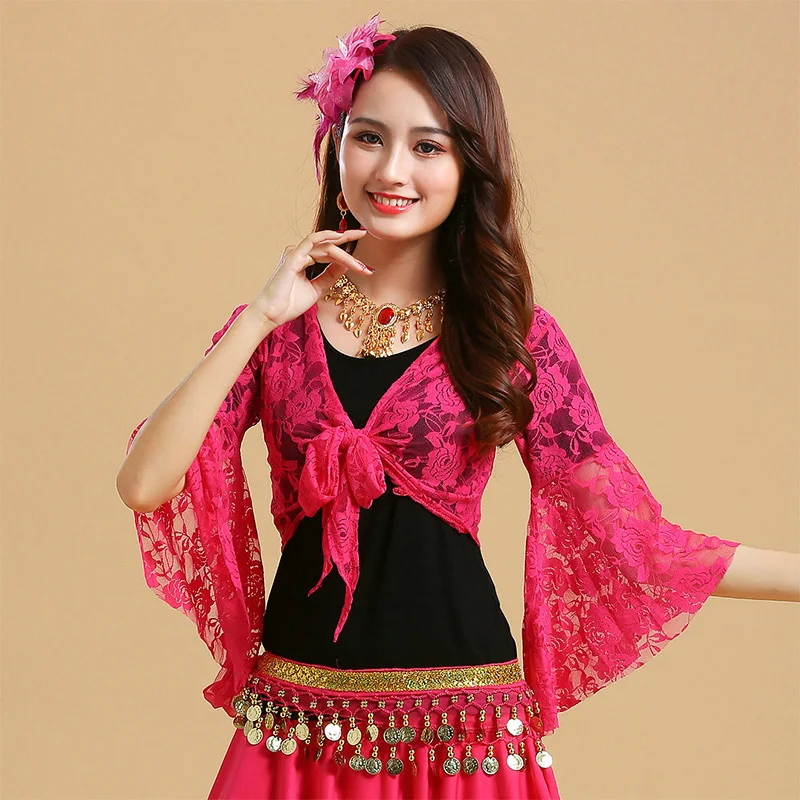 Women's Belly Dance Top Shawl Short Cardigan Lace Flare Long Sleeve Shrug Lace-up Shirt Gymnastics Cover Up Cardigan Wraps