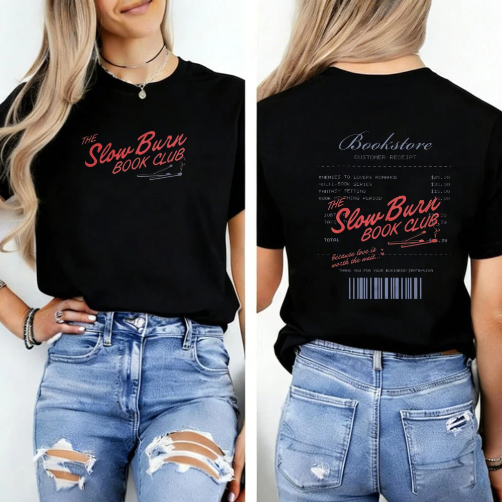 Women Double Sided Print T Shirt The Slow Burn Book Club Bookstore Receipt Graphic Tee Book Lover Reader Casual Bookish Tops Tee