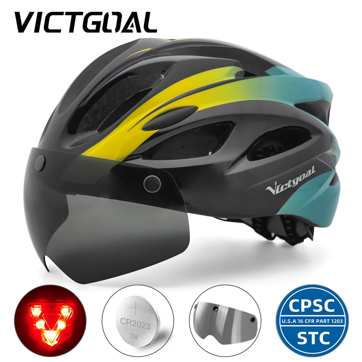 VICTGOAL Adults Bike Helmet Goggles LED Rear Light Men Women Cycling Helmet Road Bicycle Helmets MTB E-Bike Cap Scotter Headgear