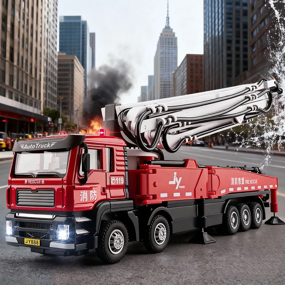 1:32 Pompa di cemento Camion Modello in lega Scaletta Acqua Camion dei pompieri Pressofuso Auto Giocattoli Spruzzo Acqua Luce Musica Tirare indietro Veicoli Regalo per bambini