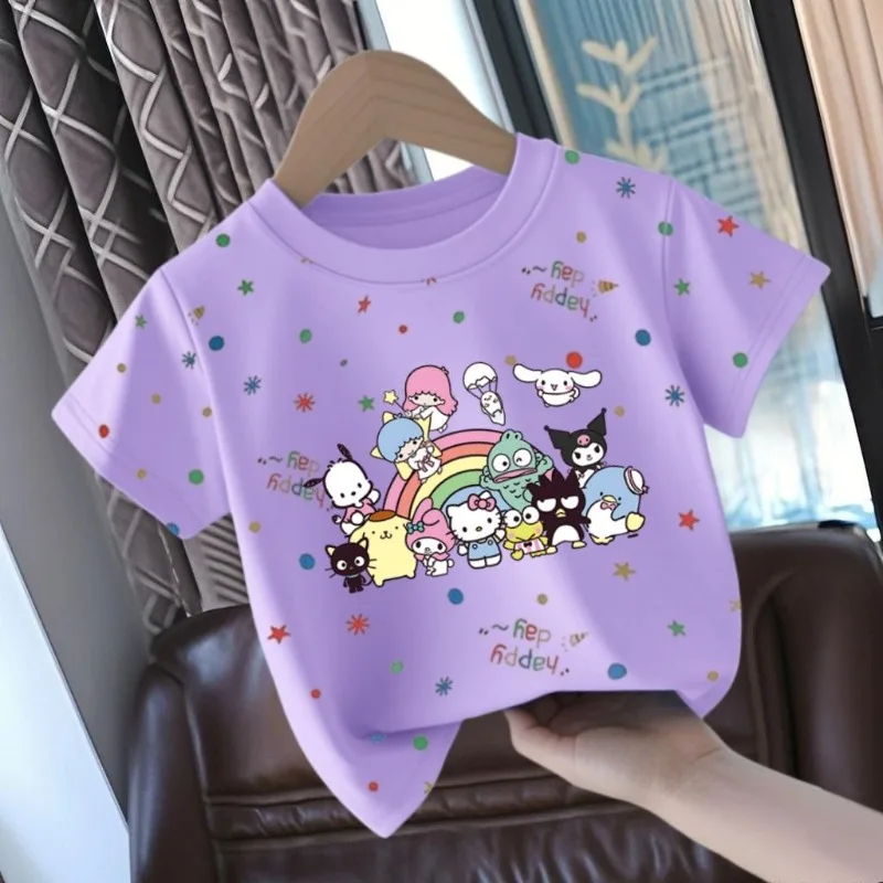 New Sanrio Anime Kawaii My Melody Kuromi 코튼 반소매 셔츠 귀여운 베이비 Cinnamoroll 프린트 까마귀 탑 선물 어린이를위한