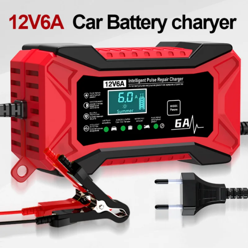 12V 6ACar Battery Charger Pulse Repair LiFePO4 14.6V Smart Fast Charge AGM Deep Cycle GEL Lead-Acid Charger For Auto Motorcycle