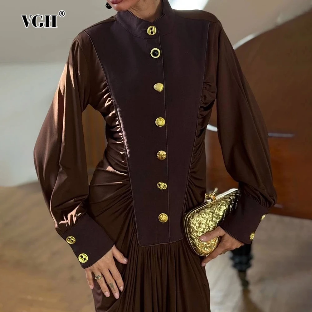 

VGH French Retro Black Dress for Women Stand Collar Lanter Sleeve Spliced Buttons Slim Bodycon Temperament Long Dresses Female