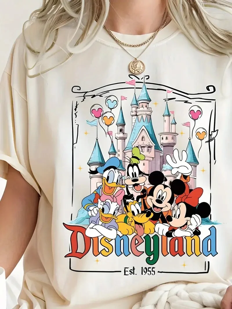 

2025 Disney Pattern Printed Women's Casual Comfortable Unique Smiling Face Black Round Neck Short Sleeve T-shirt