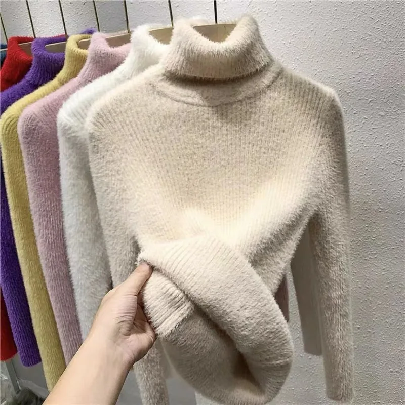 

Women Plush Sweater High Collar Knitted Slim Pullover Soft Thicken Close-fitting Sweater Solid Color Inner Wear Bottoming Shirt