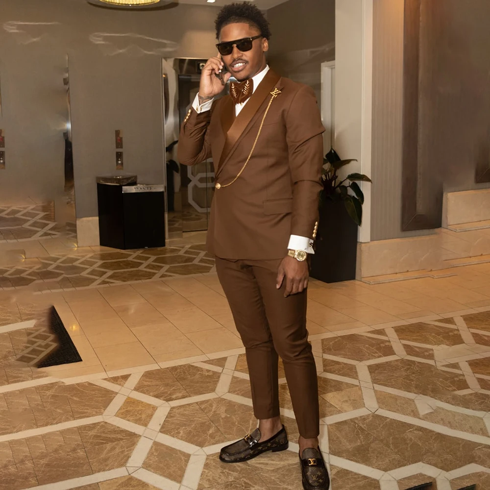 

Элегантный коричневый мужской костюм-двойка (пиджак и брюки), приталенный, на заказ, для торжеств, роскошная мужская одежда, костюм Homme