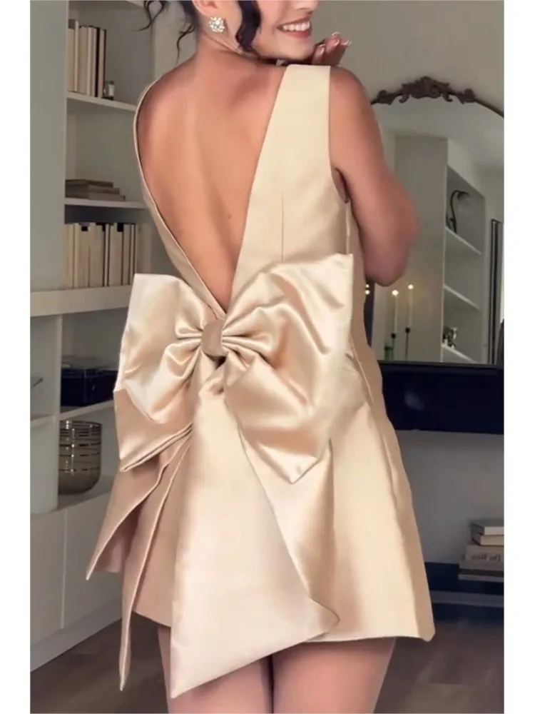 

Women Backless Sexy Mini Dress Summer Hot Style Satin Square Neck Sleeveless Bowknot High Waist Sweet Party Prom Evening Dresses