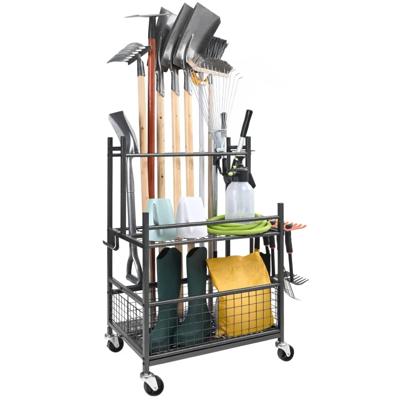 

16 Slots Garden Tool Organizer Yard Tool Tower Rack with Hooks Wheels Long-Handled Rake Stand Holder for Garage Storage