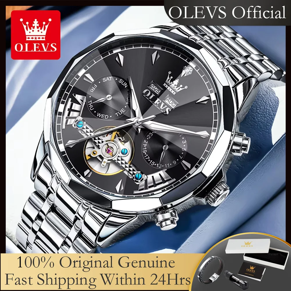 

OLEVS 6619 Top Original Automatic Man Watch Rhombus Mirror Skeleton Flywheel Mechanical Wristwatches Luxury Brand Watch for Men