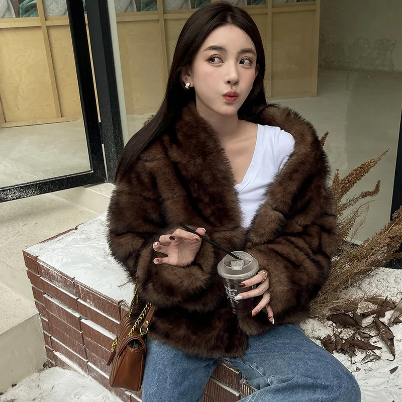 Faux Mink Fur Coat for Women Short Plush Jacket Warm Furry Overcoat Jackets Elegant Brown Eco Fur Coat  Winter Fashion 2023