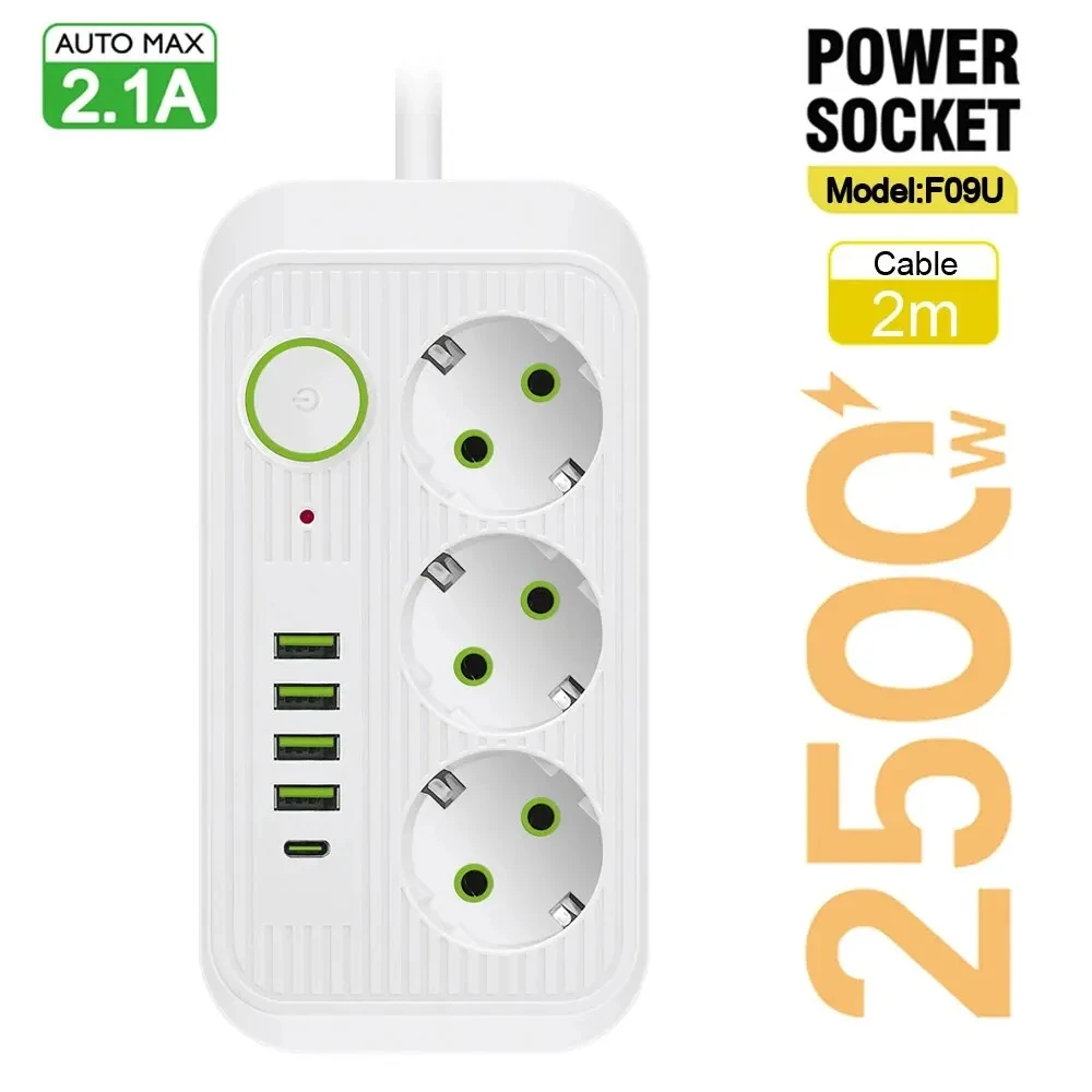 Power Multi Tap Universal Plug EU Outlet Power Strip with Extension Cord AC Type C USB Port Charge Electrical Socket