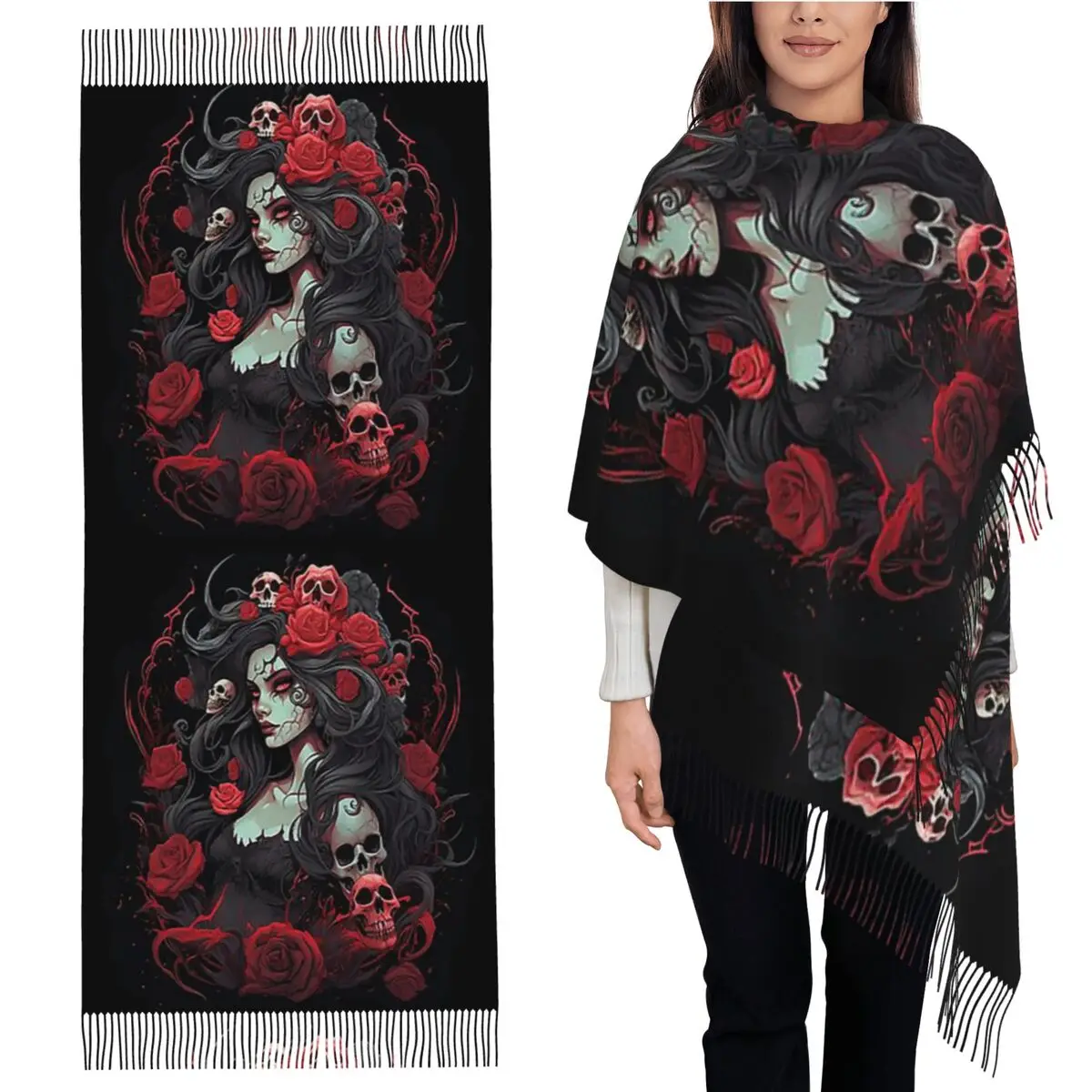 

Alexander Gothic Las Elegantes Girls Day Of Dead Шарфы с кисточками и черепом для женщин Шали и накидки Длинная осенне-зимняя шаль
