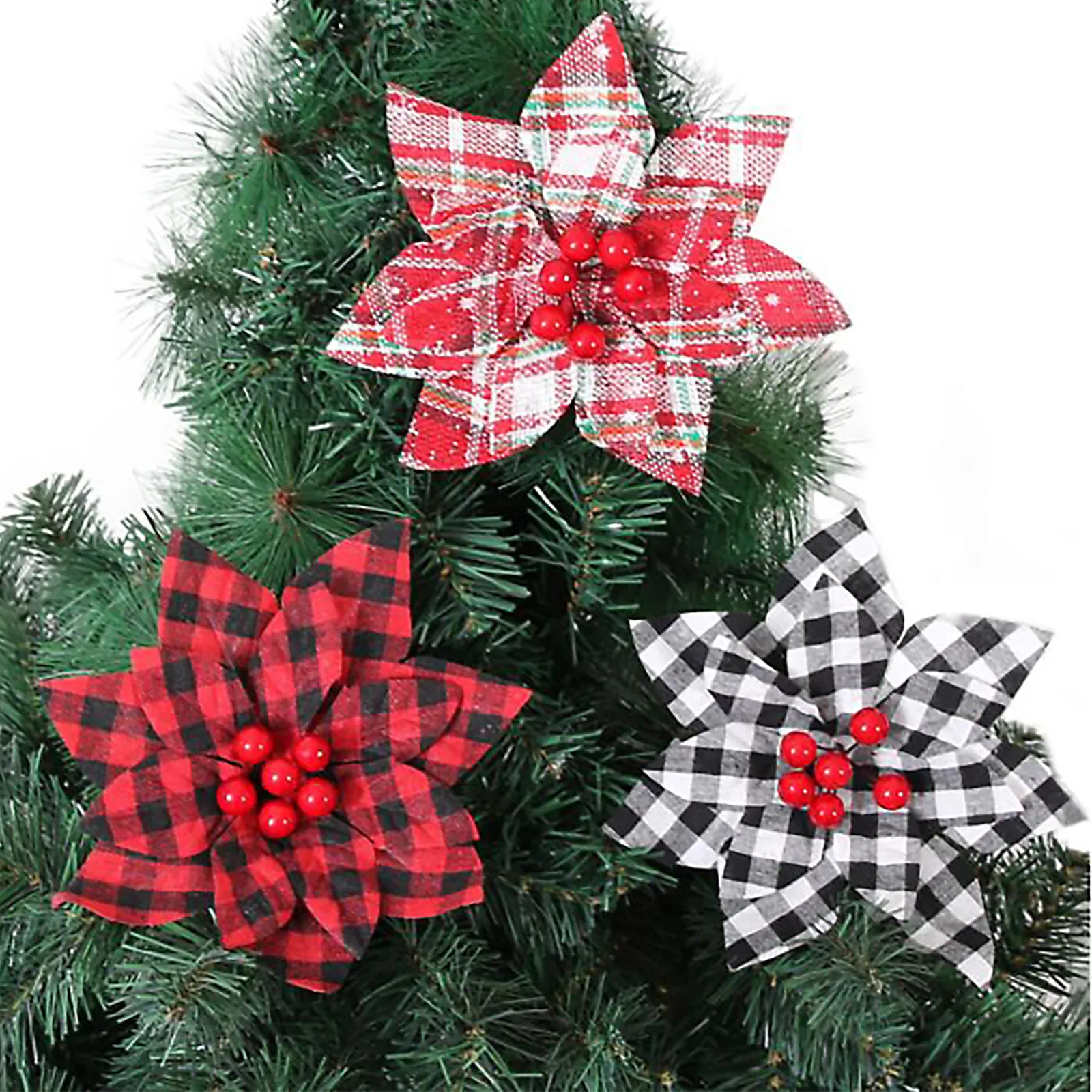 

Artificial Red Berry Christmas Tree Decorative Cuttings Buffalo Plaid Poinsettia Flower Branch Xmas Wedding Holiday Decoration