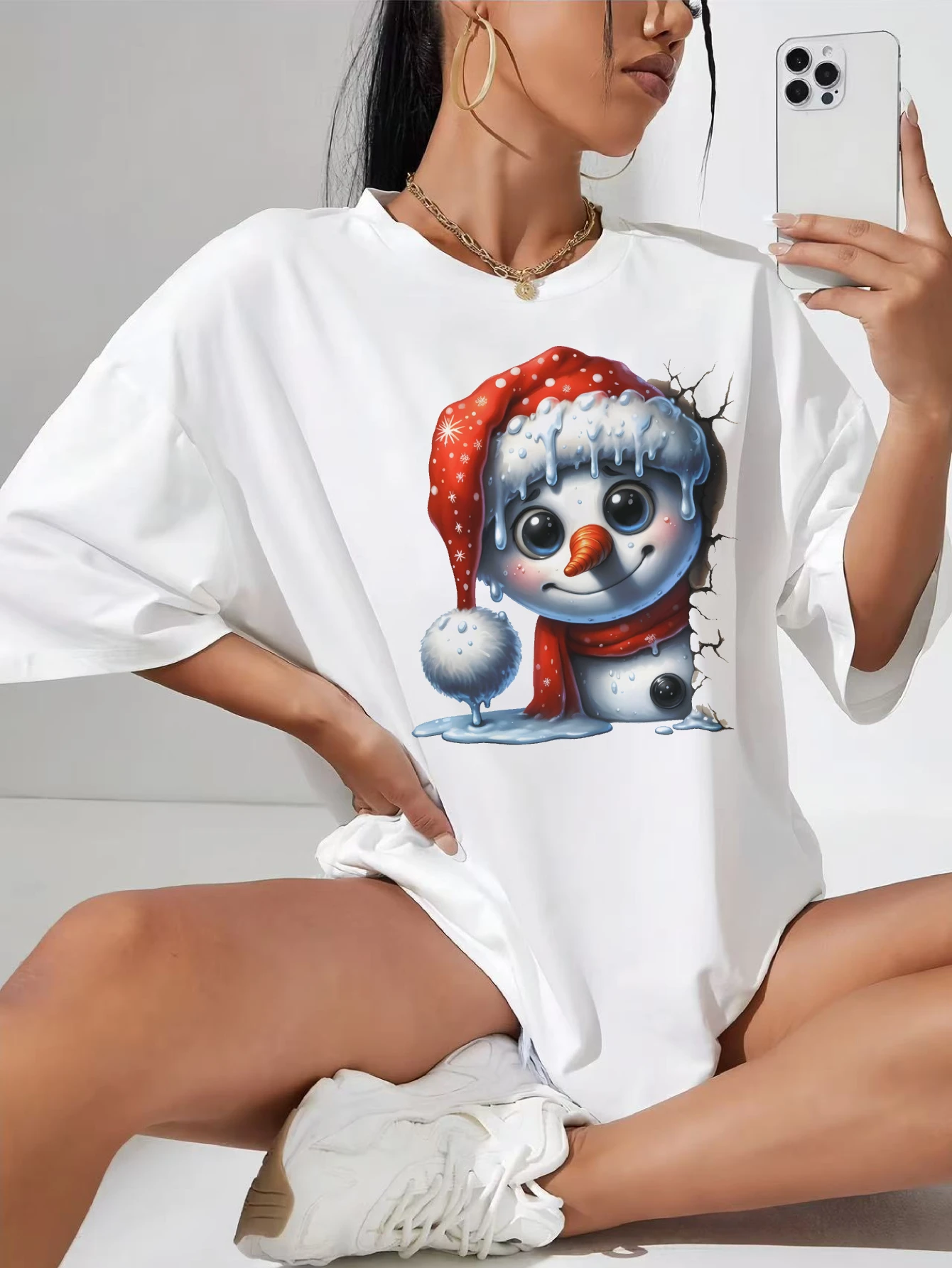 

Christmas Characters peeking around Women's White Cotton T-Shirt Comfortable for Winter Christmas Casual Wear Plus Maternity