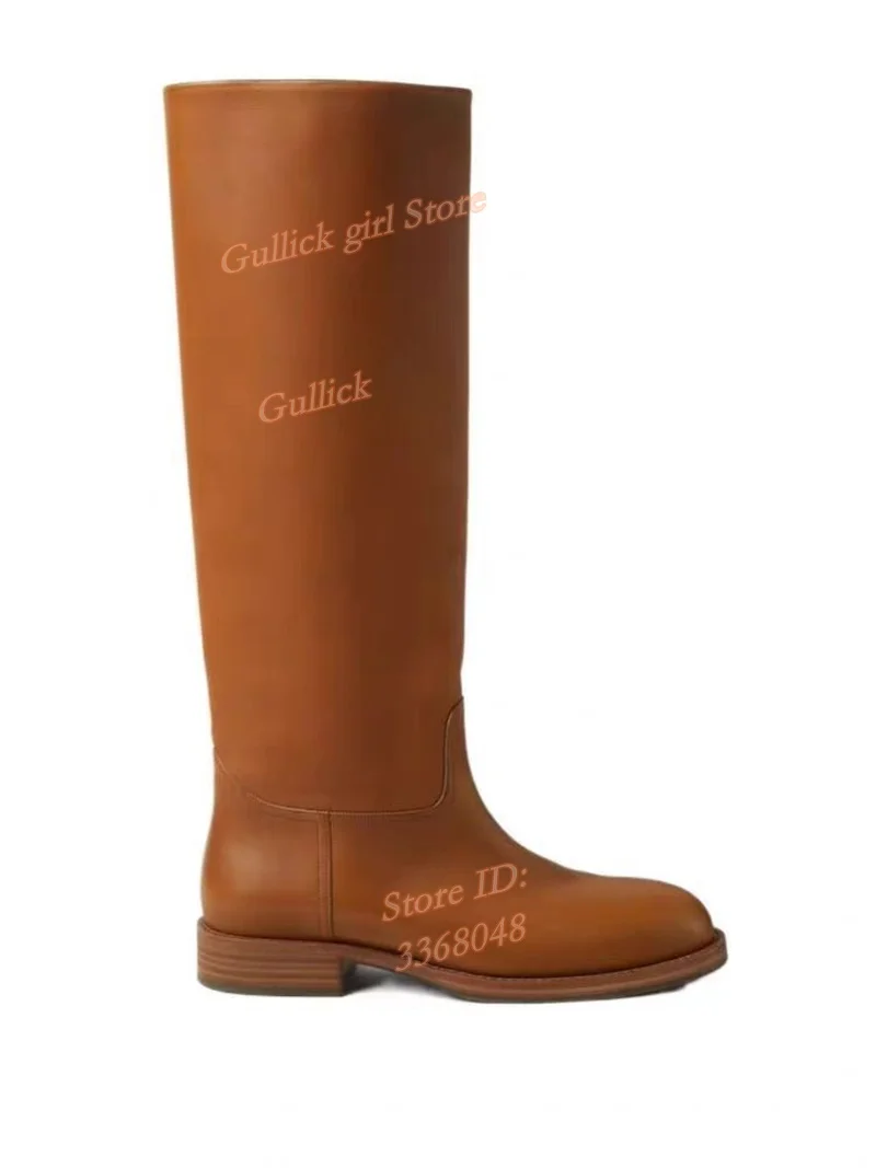 Brown Leather Knee High Boots Round Toe Block Low Heel Slip On New Arrivals 2026 Winter Autumn Women Dress Shoes Handmade