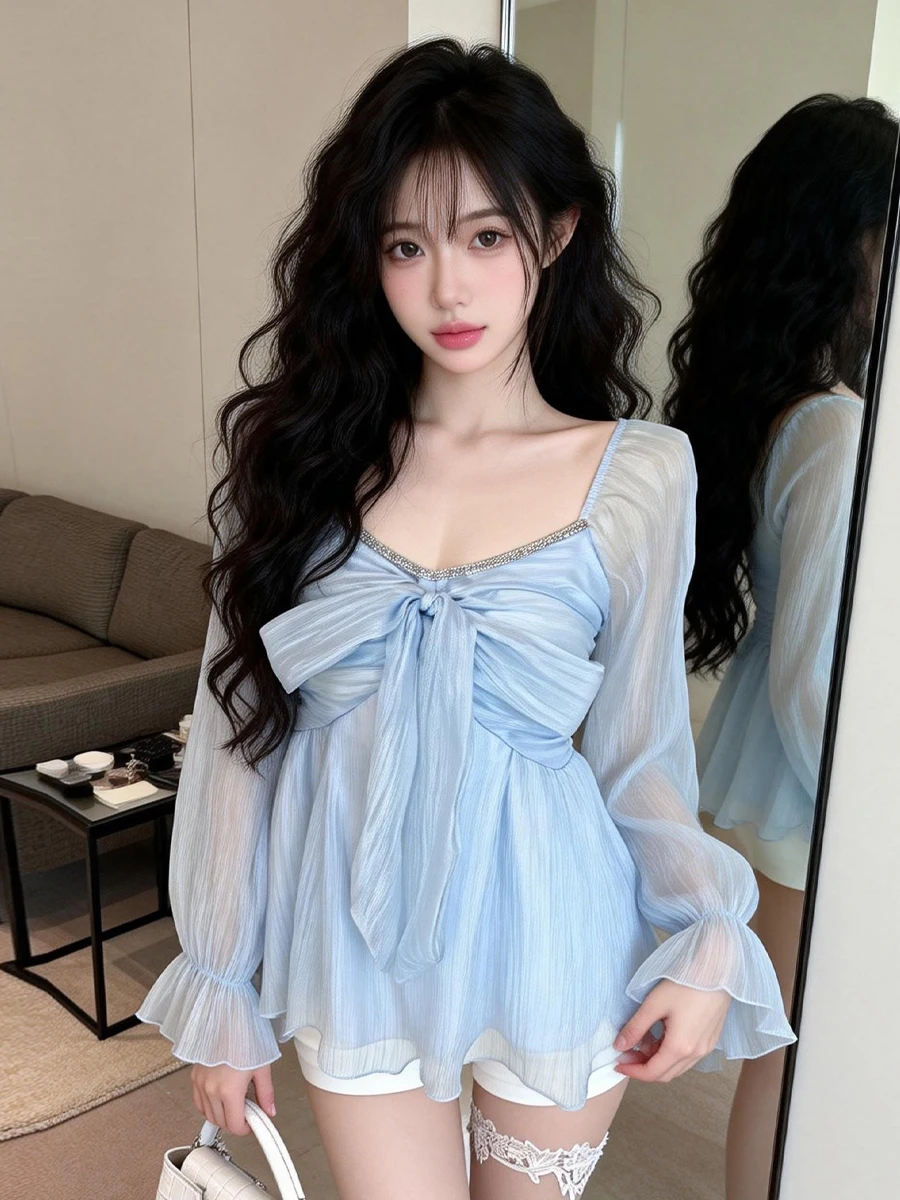 

Sweet Youthful Pure Desire Long Sve V-Ne Knot Me Top Sexy Ele ow Clavicle High Waist Slimming Top