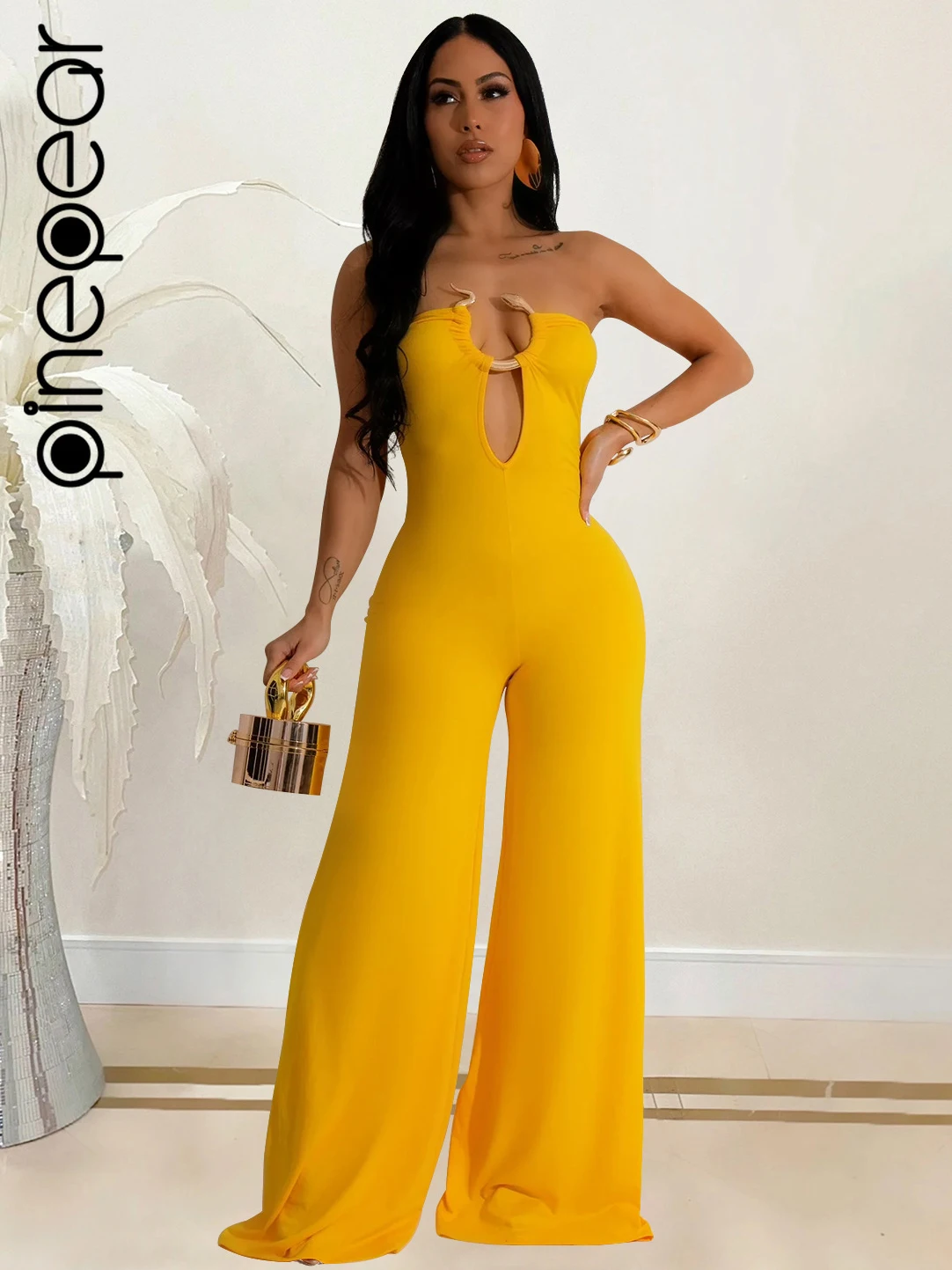 

PinePear Fashion Off Shoulder Snake Metal Rompers One Piece Outfits Beautiful Strapless Hollow Out Wide Leg jumpsuits Overalls