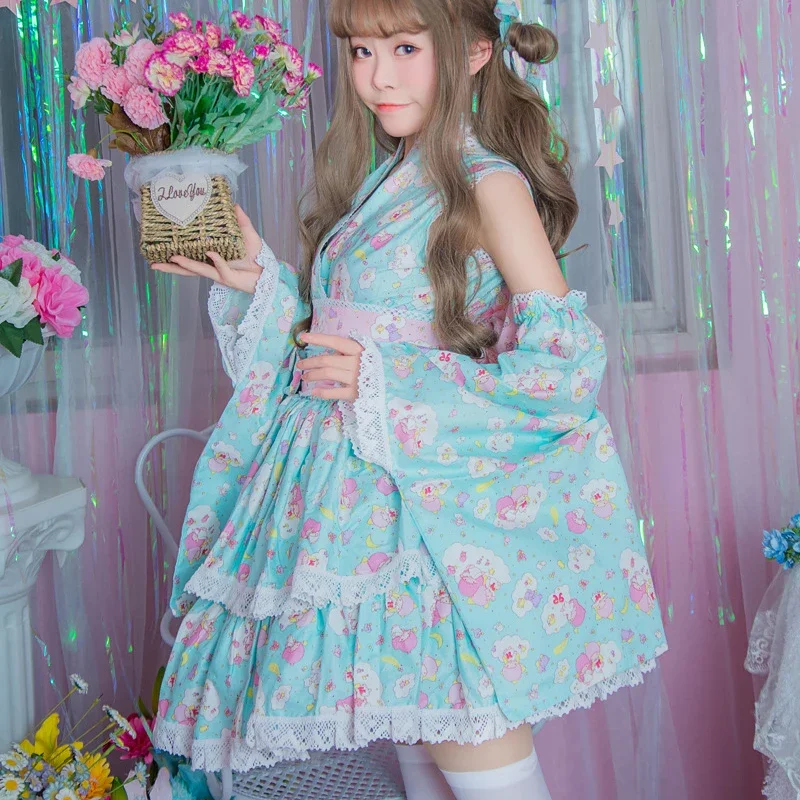 Disfraz de Lolita rosa para mujer, conjunto completo de Kimono con estampado de dibujos animados Kawaii, vestido de niña dulce para carnaval y Navidad