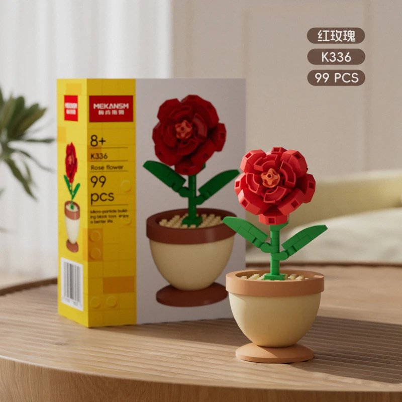 Bausteine, Blumentöpfe, Rosen, Sonnenblumen, Nelken, Mikro-Granulat, Lernspielzeug für Kinder zum Zusammenbauen, Dekorationen – Detail 5