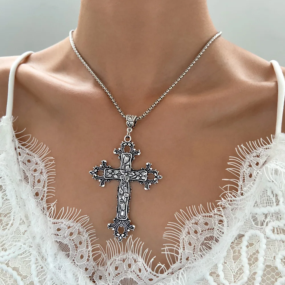 Vintage Gothic Cross Pendant Necklace Large Fashion Women's Long Necklaces 2023 Stainless Steel Chain Jewelry Goth Accessories