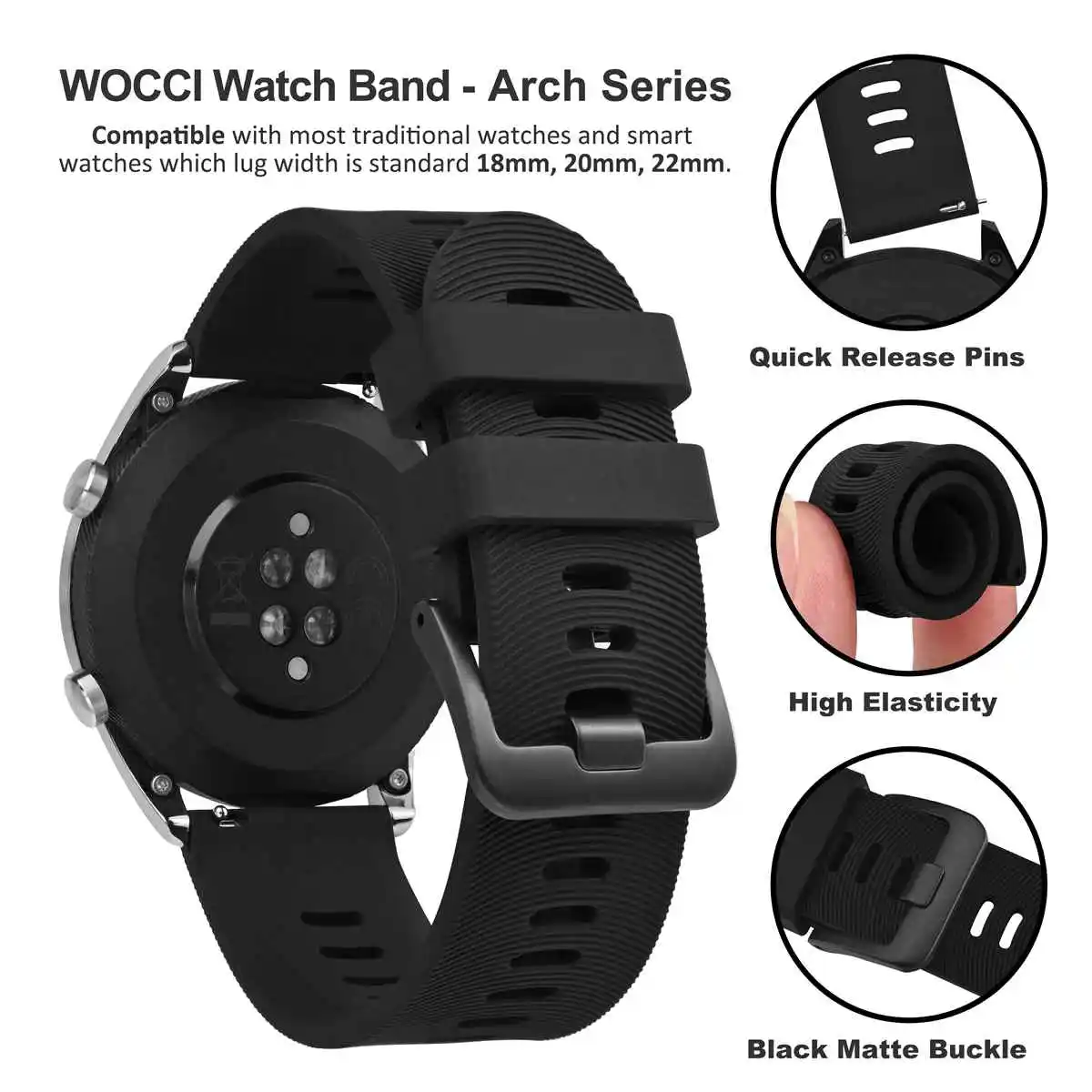 WOCCI Washable Silicone Watch Strap,Arch Design,18mm 20mm 22mm Replacement Bracelet,for Smartwatch,Quick Release,Multiple Colors