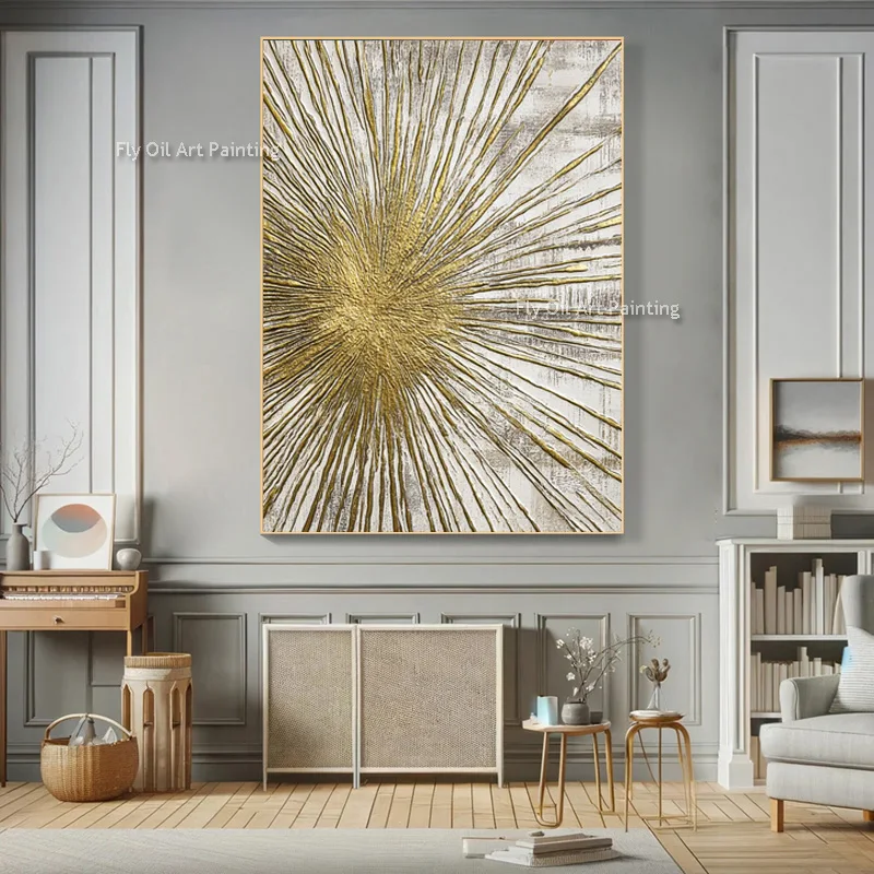 Fashional Design Golden Yellow Texture Thick Canvas Artwork Handpainted Abstract New Popular Design Beige Gold Oil Painting