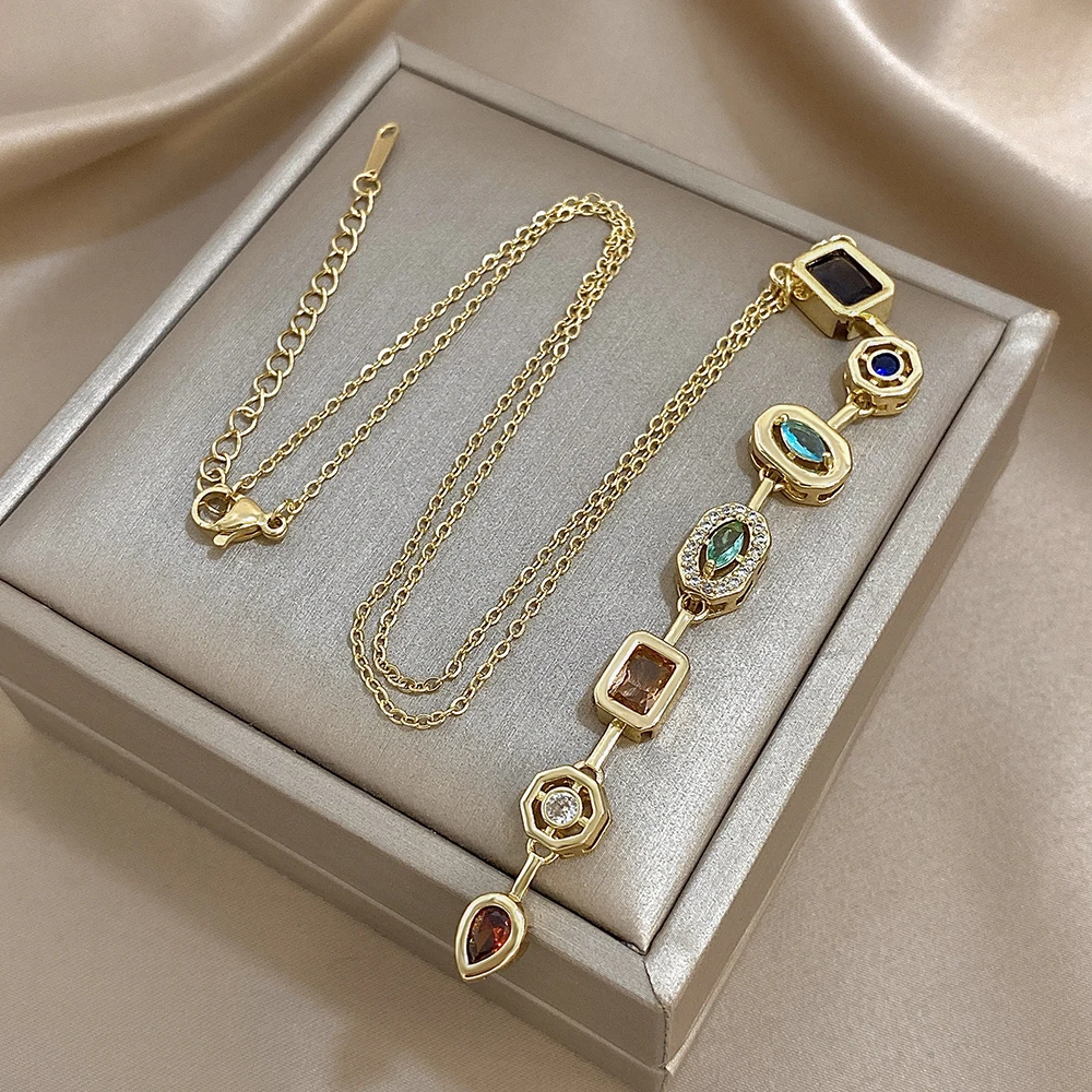 Vintage Geometric Colorful Zircon Long Pendant Necklace for Women Gold Plated Copper Collar Necklaces Jewelry Gifts